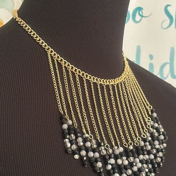 Gold tone beaded, necklace with black,gray, and clear beads. - Picture 5 of 5